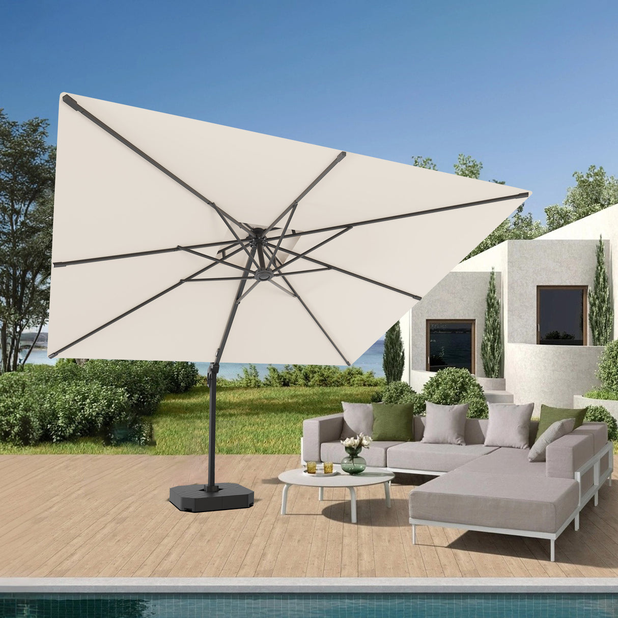 Patioslife Aegis Pro™ Cantilever Parasol with Base & Protective Cover — Fibreglass Ribs & Powder-Coated Aluminium Pole for Garden & Patio