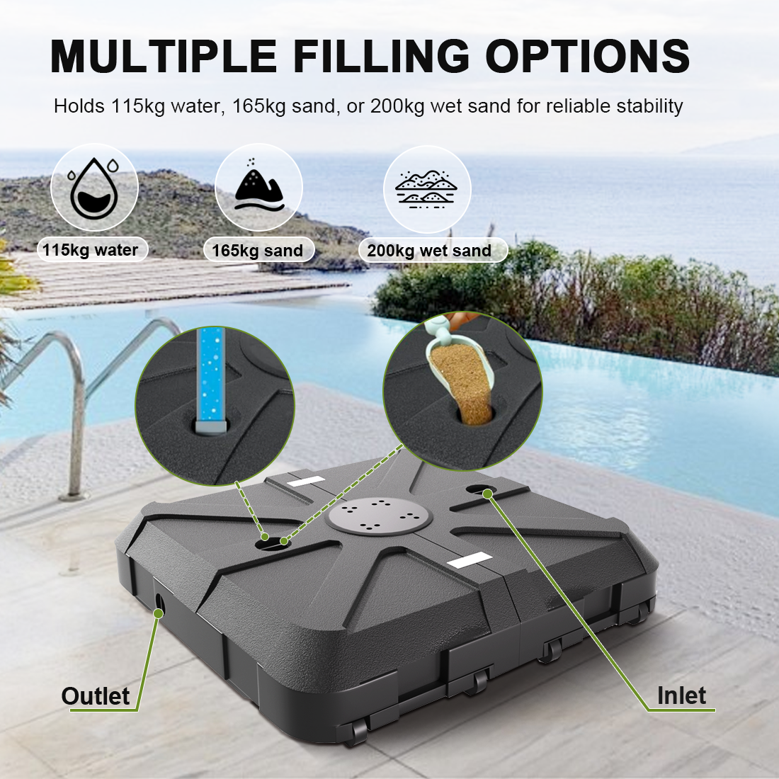 Patioslife™ Cantilever Parasol Base 115–200kg, Heavy-Duty Outdoor Rolling Stand, Refillable HDPE Offset Weights with Wheels for Patio, Garden & Poolside Stability