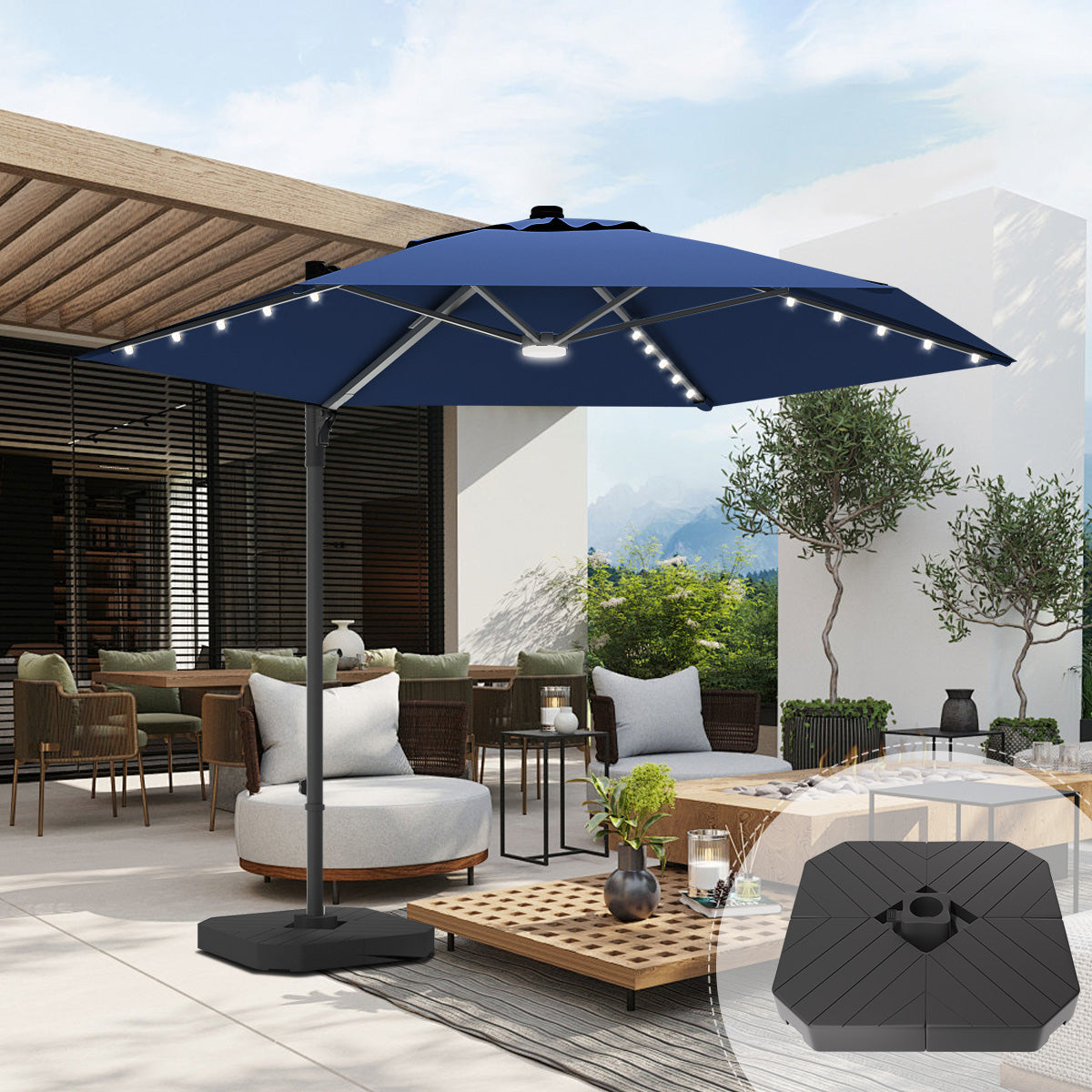 Patioslife Aegis Pro™ All-in-One Shade Round Cantilever Patio Parasol with solar LED lights | Premium Cover | Large Base