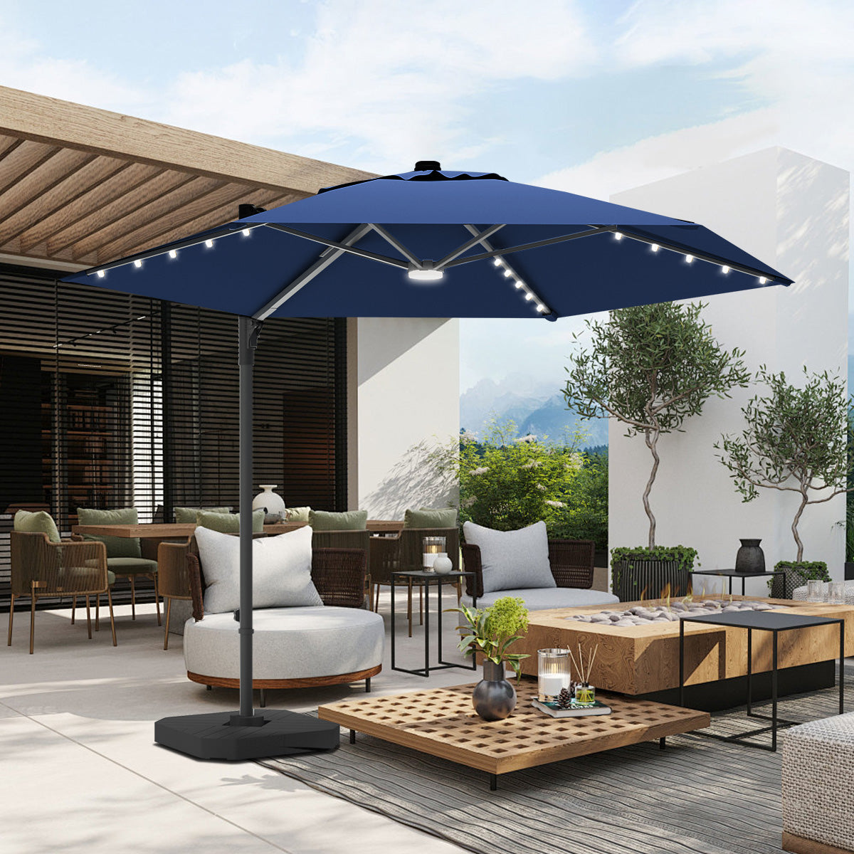 Patioslife Aegis Pro™ All-in-One Shade Round Cantilever Patio Parasol with solar LED lights | Premium Cover | Large Base