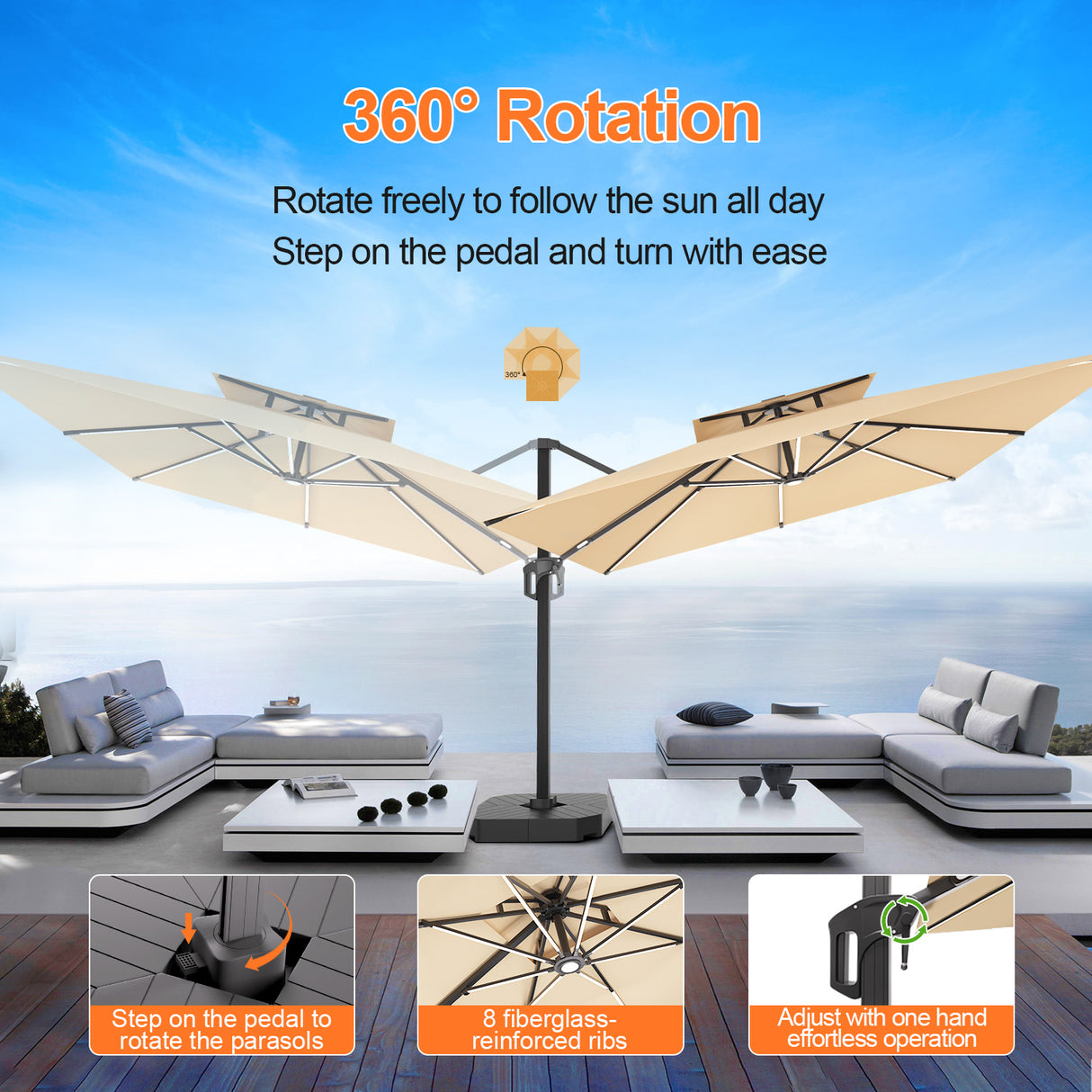 Patioslife Aegis Pro™ Premium Cantilever Parasol with LED Strip Lights, Fibreglass Ribs & Powder-Coated Aluminium Pole — Luxury Garden & Patio Shade