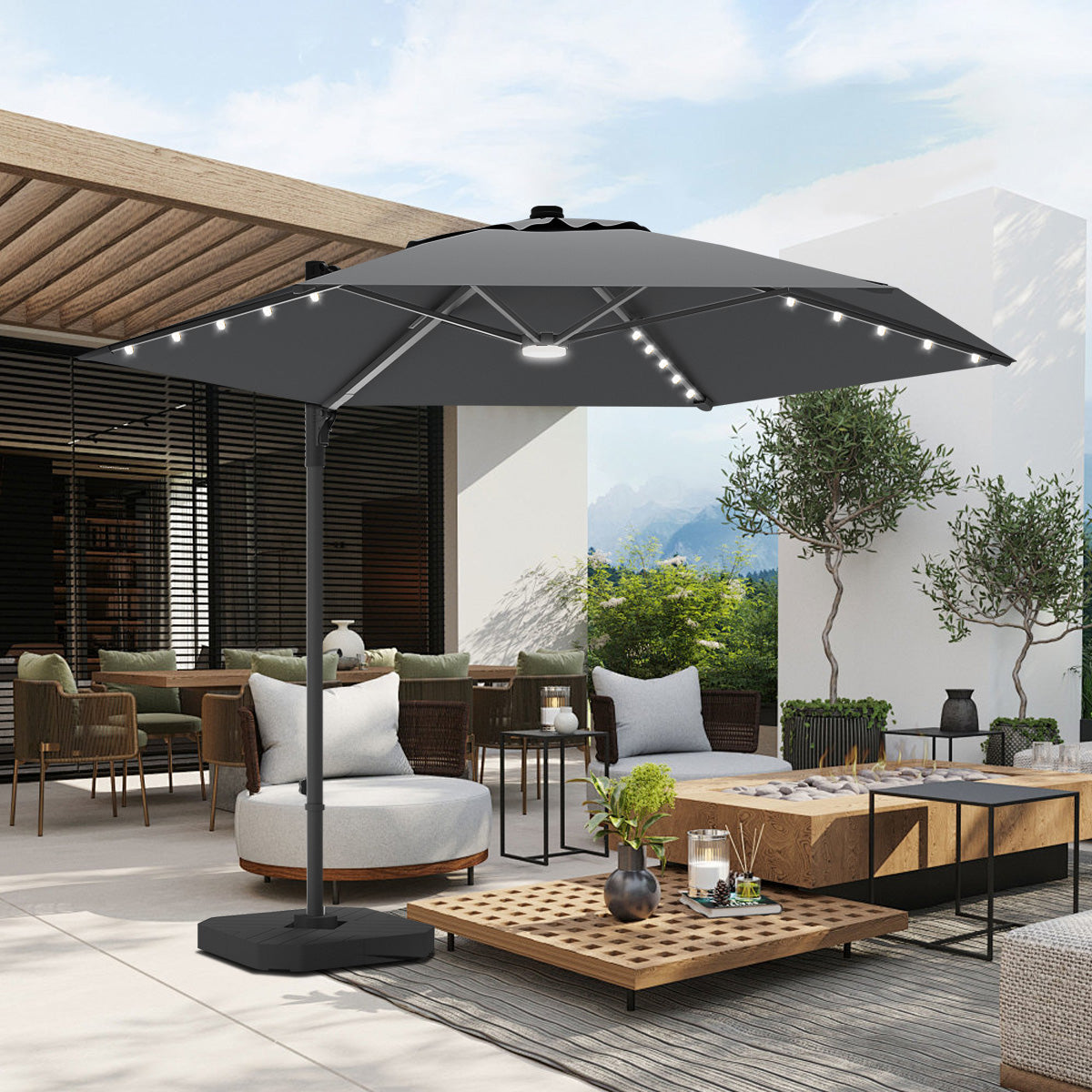 Patioslife Aegis Pro™ All-in-One Shade Round Cantilever Patio Parasol with solar LED lights | Premium Cover | Large Base