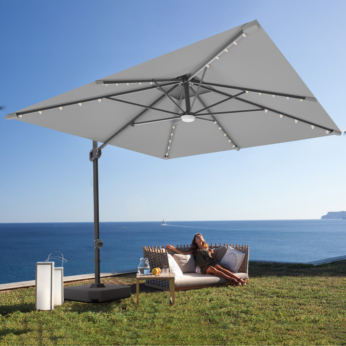 Patioslife Aegis Pro™ Cantilever Parasol with LED Lights, Fibreglass Ribs & Powder-Coated Aluminium Pole — Perfect for Garden & Patio