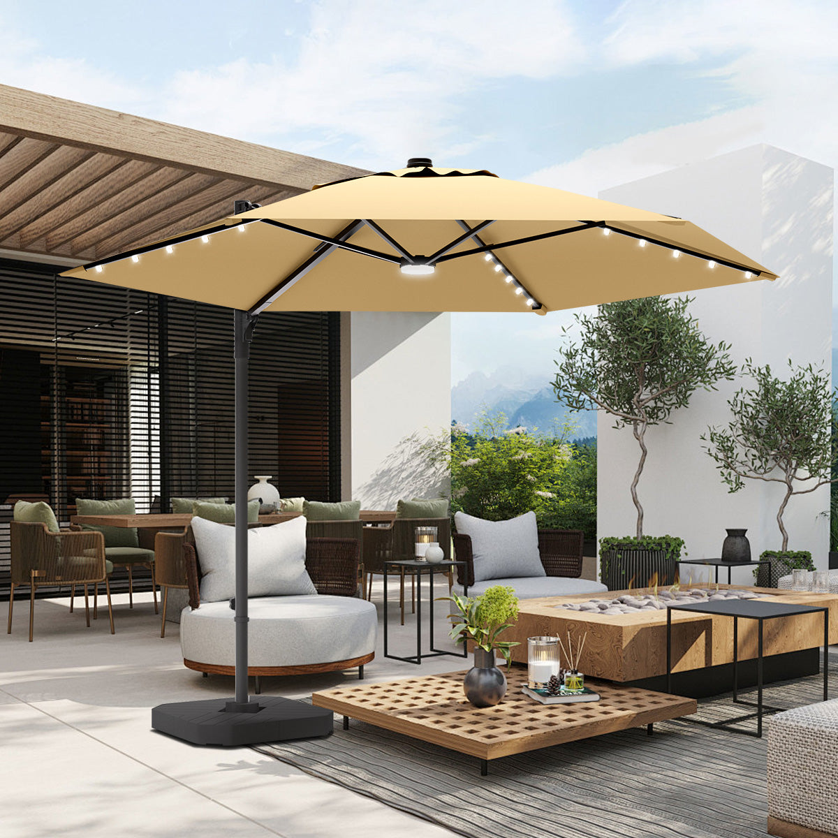 Patioslife Aegis Pro™ All-in-One Shade Round Cantilever Patio Parasol with solar LED lights | Premium Cover | Large Base