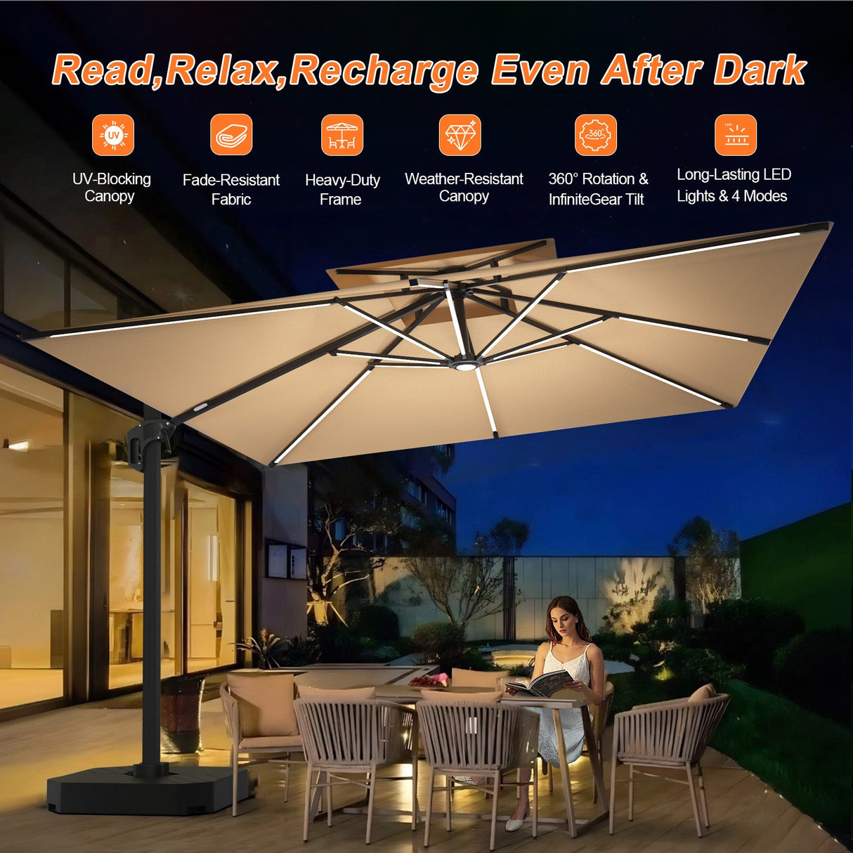 Patioslife Aegis Pro™ Premium Cantilever Parasol with LED Strip Lights, Fibreglass Ribs & Powder-Coated Aluminium Pole — Luxury Garden & Patio Shade