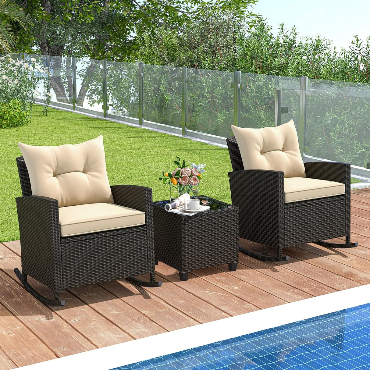 3-Piece Outdoor Wicker Rocking Chair Set – Patio Furniture with Soft Cushions & Glass Coffee Table – Rattan Bistro Set for Porch, Balcony, Garden, or Poolside