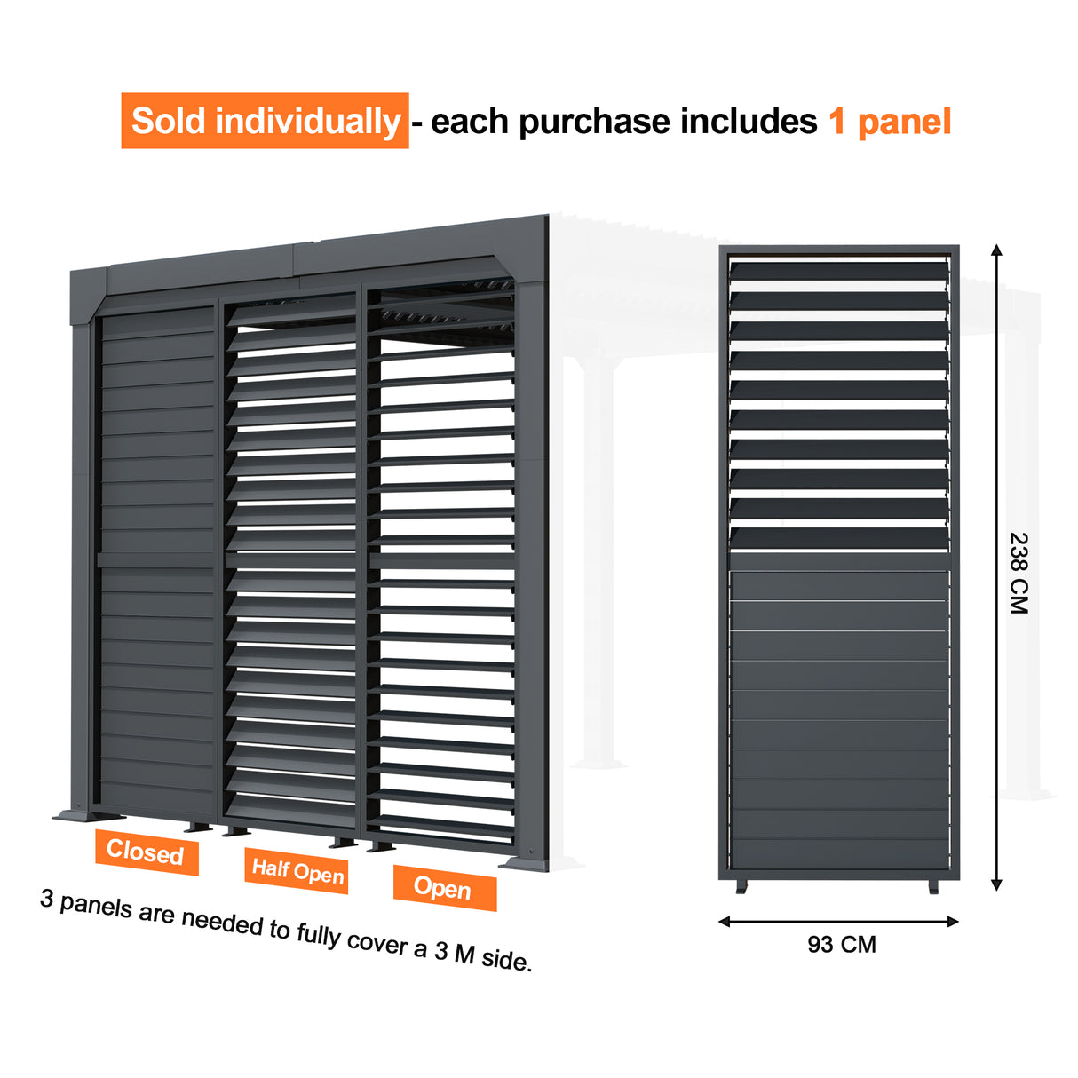Patioslife Atlantic Series Aluminium Louvre Side Panel – Pergola Sidewall with Adjustable Louvers for Privacy, Shade and Wind Protection