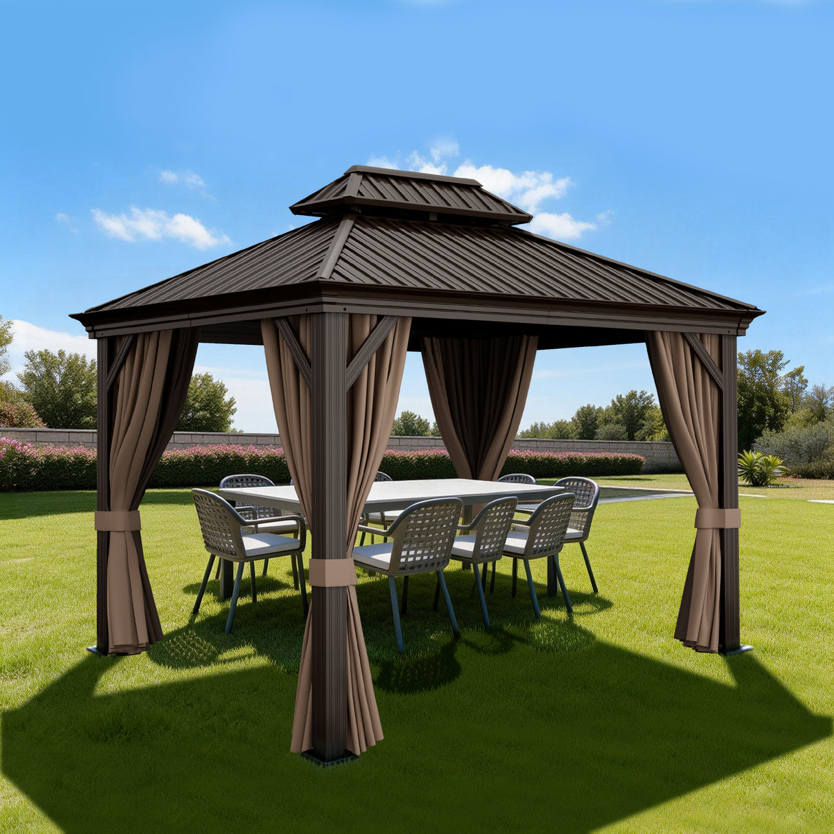 Patioslife Haven Hardtop Gazebo – Heavy-Duty Aluminium Frame, Double-Vented Roof & Curtains, Patio Pergola for Garden or Backyard
