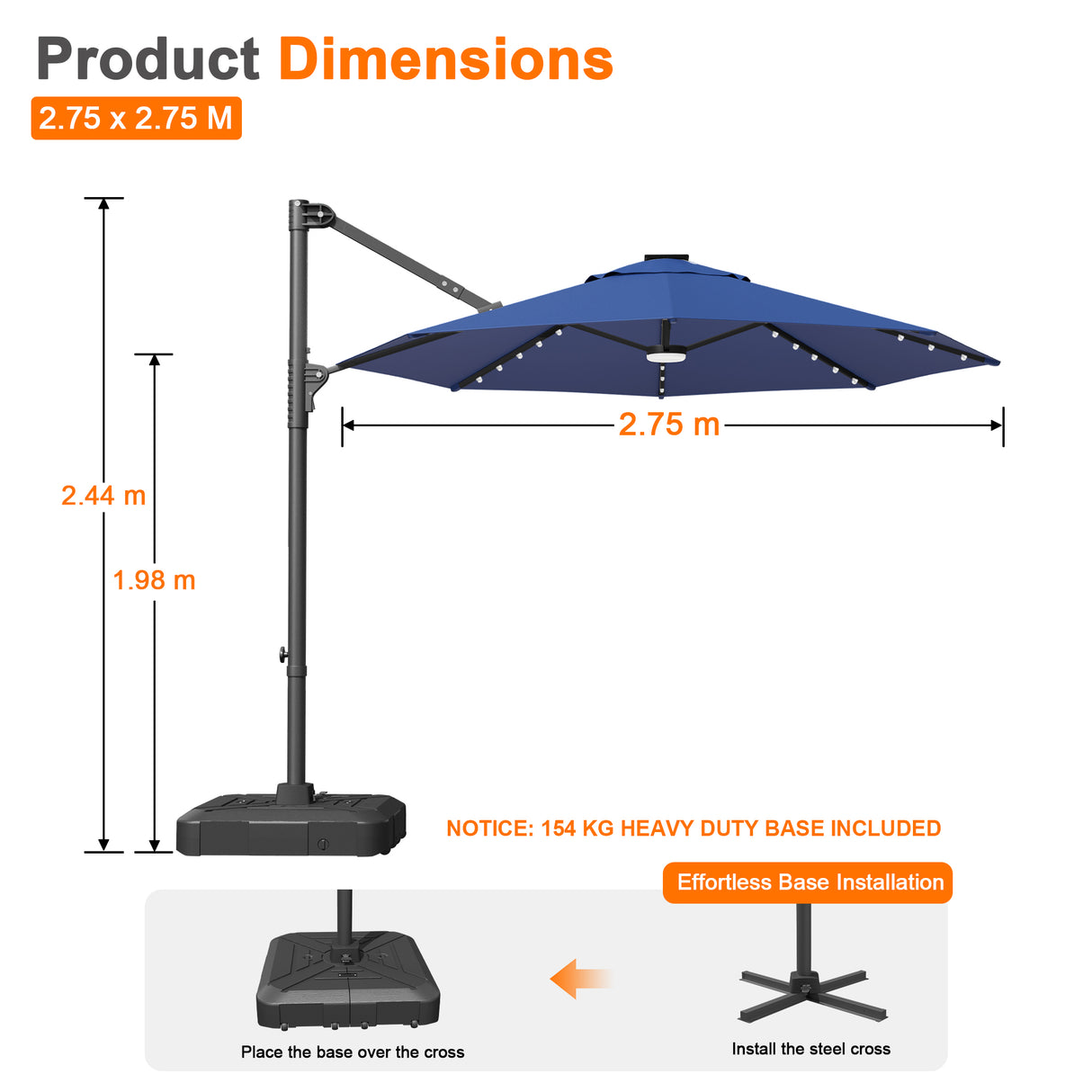 Patioslife Aegis Pro Round Cantilever Patio Umbrella with Solar LED Lights & Shade Protection