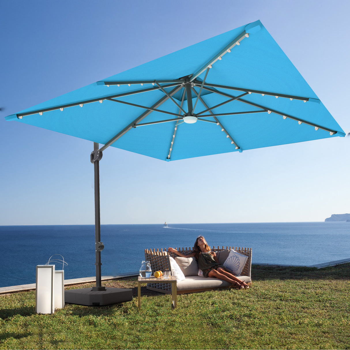 Patioslife Aegis Pro™ Cantilever Parasol with LED Lights, Fibreglass Ribs & Powder-Coated Aluminium Pole — Perfect for Garden & Patio