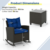 3-Piece Outdoor Wicker Rocking Chair Set – Patio Furniture with Soft Cushions & Glass Coffee Table – Rattan Bistro Set for Porch, Balcony, Garden, or Poolside