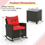 3-Piece Outdoor Wicker Rocking Chair Set – Patio Furniture with Soft Cushions & Glass Coffee Table – Rattan Bistro Set for Porch, Balcony, Garden, or Poolside