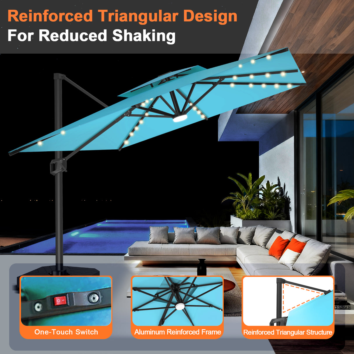 Patioslife Aegis Pro All-weather Cantilever Parasol with LED Lights, Reinforced & Powder-Coated Aluminium Ribs and Pole — Perfect for Garden & Patio