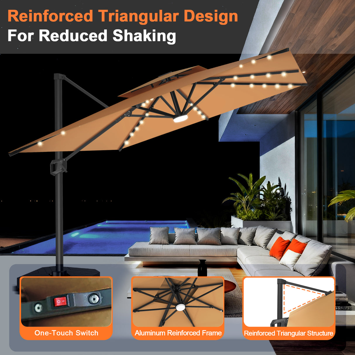 Patioslife Aegis Pro All-weather Cantilever Parasol with LED Lights, Reinforced & Powder-Coated Aluminium Ribs and Pole — Perfect for Garden & Patio