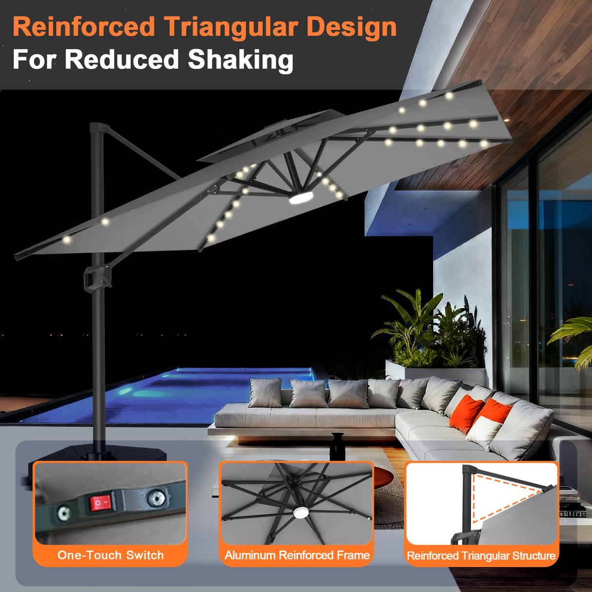 Patioslife Aegis Pro All-weather Cantilever Parasol with LED Lights, Reinforced & Powder-Coated Aluminium Ribs and Pole — Perfect for Garden & Patio
