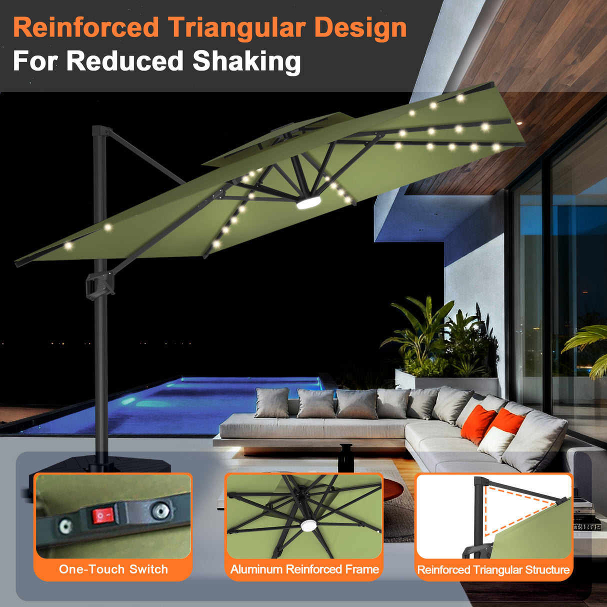 Patioslife Aegis Pro All-weather Cantilever Parasol with LED Lights, Reinforced & Powder-Coated Aluminium Ribs and Pole — Perfect for Garden & Patio