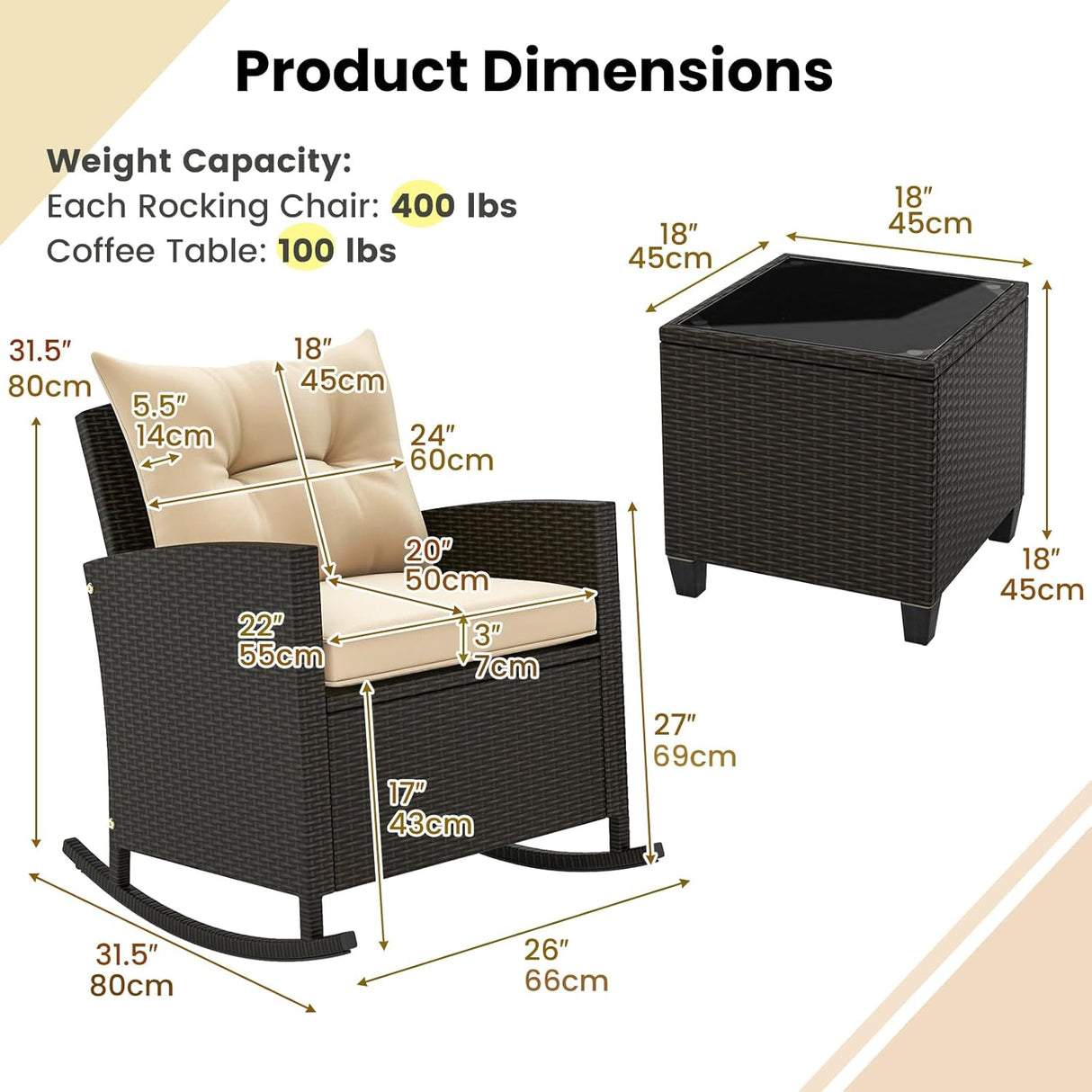 3-Piece Outdoor Wicker Rocking Chair Set – Patio Furniture with Soft Cushions & Glass Coffee Table – Rattan Bistro Set for Porch, Balcony, Garden, or Poolside