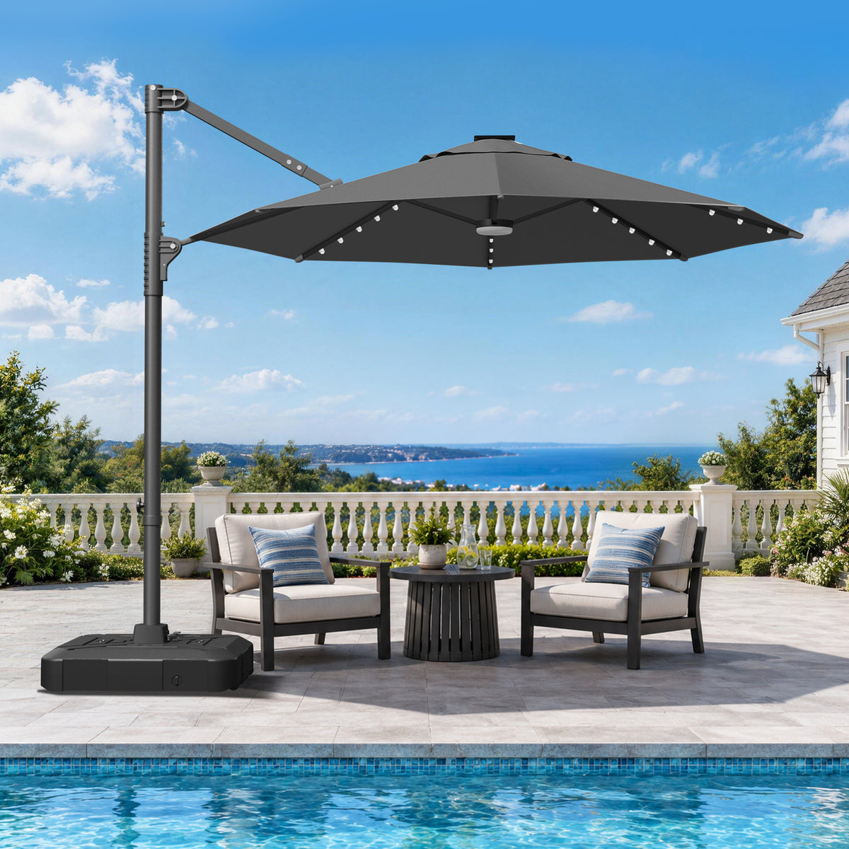 Patioslife Aegis Pro Round Cantilever Patio Umbrella with Solar LED Lights & Shade Protection
