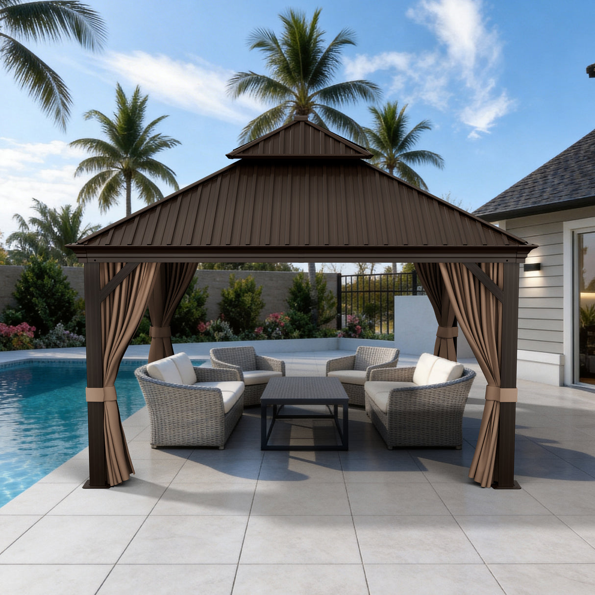 Patioslife Haven Hardtop Gazebo – Heavy-Duty Aluminium Frame, Double-Vented Roof & Curtains, Patio Pergola for Garden or Backyard