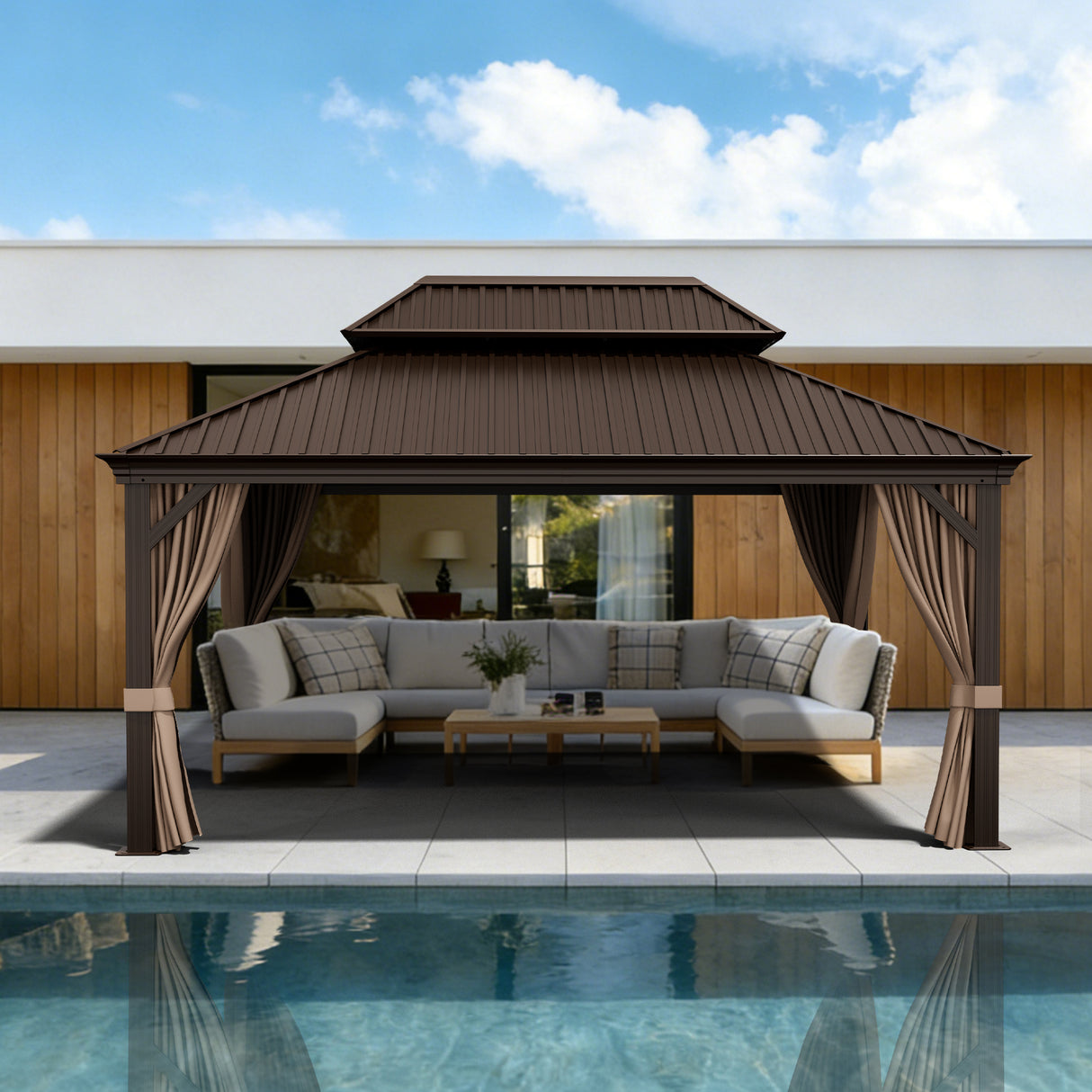 Patioslife Haven Hardtop Gazebo – Heavy-Duty Aluminium Frame, Double-Vented Roof & Curtains, Patio Pergola for Garden or Backyard