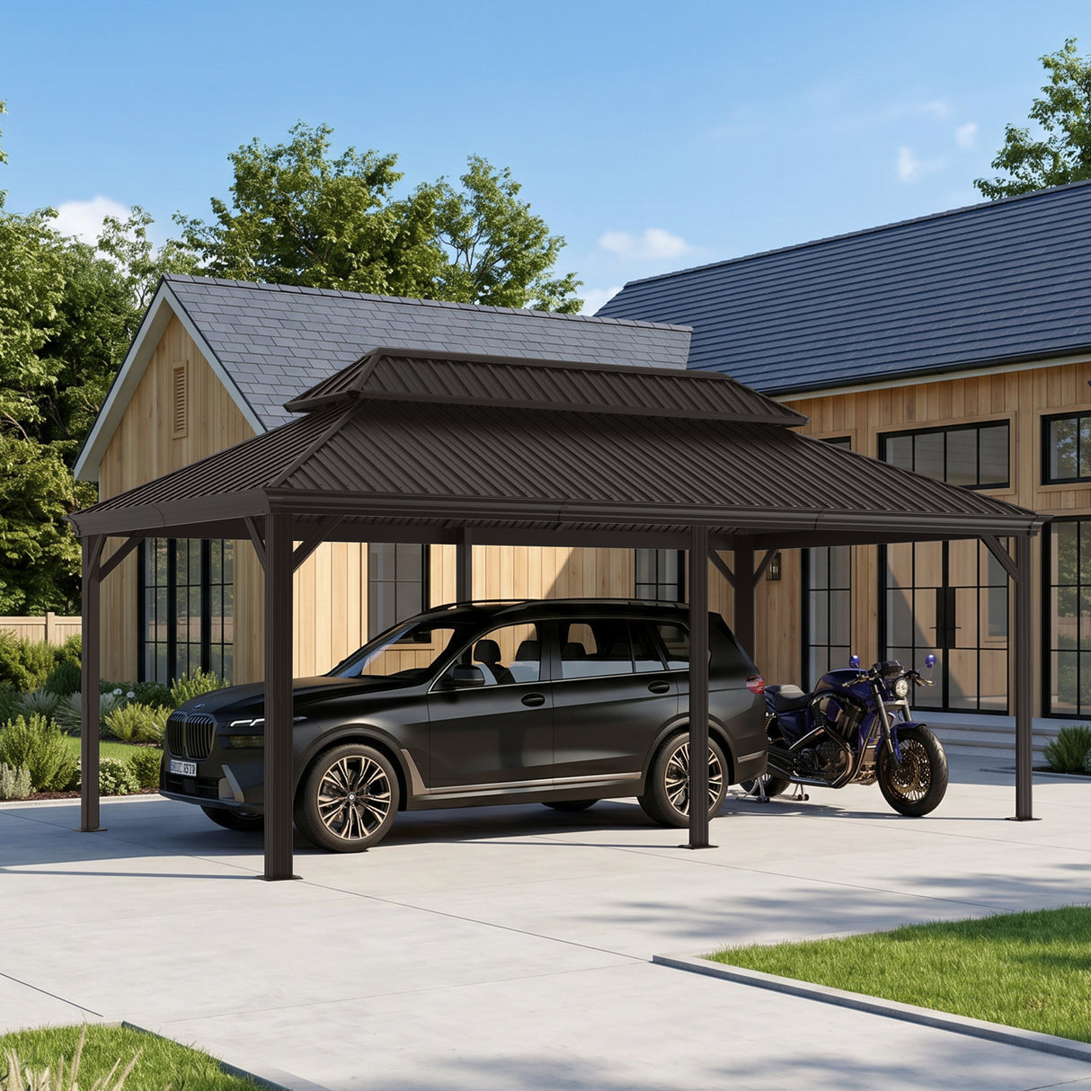 Patioslife Aluminium Carport with Steel Roof – Weatherproof Canopy for Cars, Motorbikes & Campervans