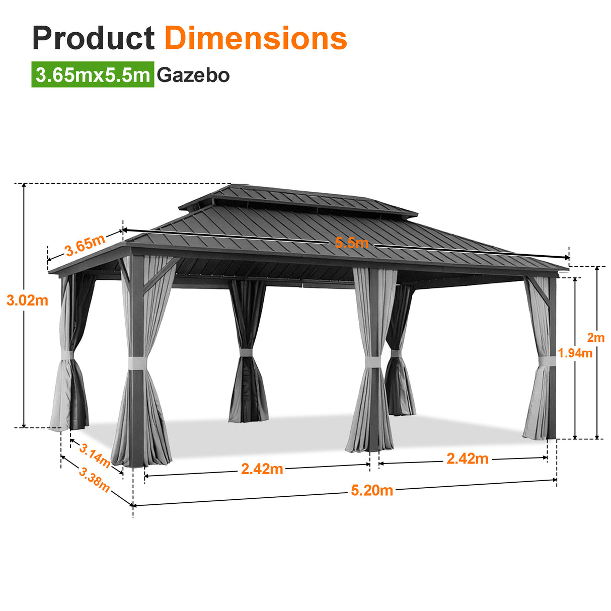Patioslife Haven Hardtop Gazebo – Heavy-Duty Aluminium Frame, Double-Vented Roof & Curtains, Patio Pergola for Garden or Backyard