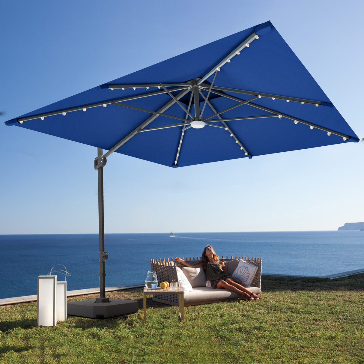 Patioslife Aegis Pro™ Cantilever Parasol with LED Lights, Fibreglass Ribs & Powder-Coated Aluminium Pole — Perfect for Garden & Patio