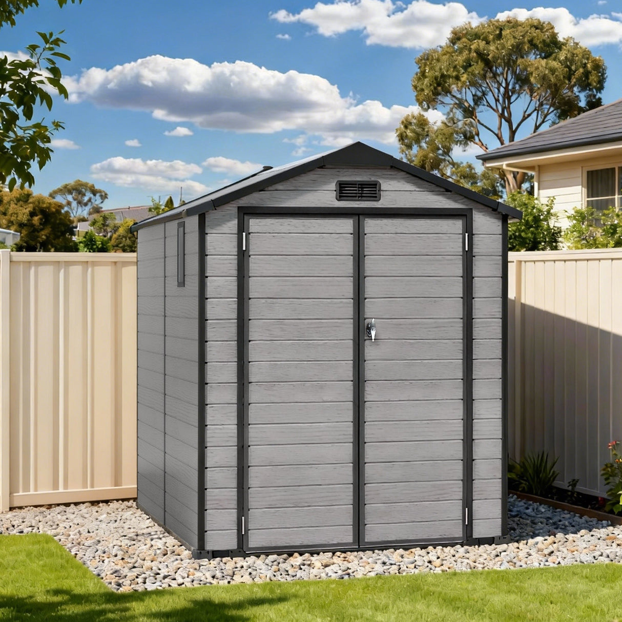 Outdoor Storage Shed with Floor Patioslife YardVault , All-Weather Waterproof Plastic Garden Shed  in Resin with Lock and Window for Backyard, Heavy-Duty Storage Shed for Tools, Bikes & Lawn Equipment