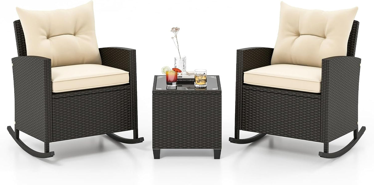 3-Piece Outdoor Wicker Rocking Chair Set – Patio Furniture with Soft Cushions & Glass Coffee Table – Rattan Bistro Set for Porch, Balcony, Garden, or Poolside