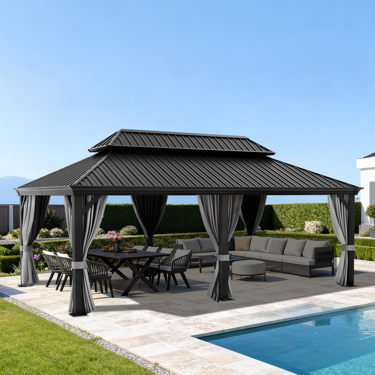 Patioslife Haven Hardtop Gazebo – Heavy-Duty Aluminium Frame, Double-Vented Roof & Curtains, Patio Pergola for Garden or Backyard