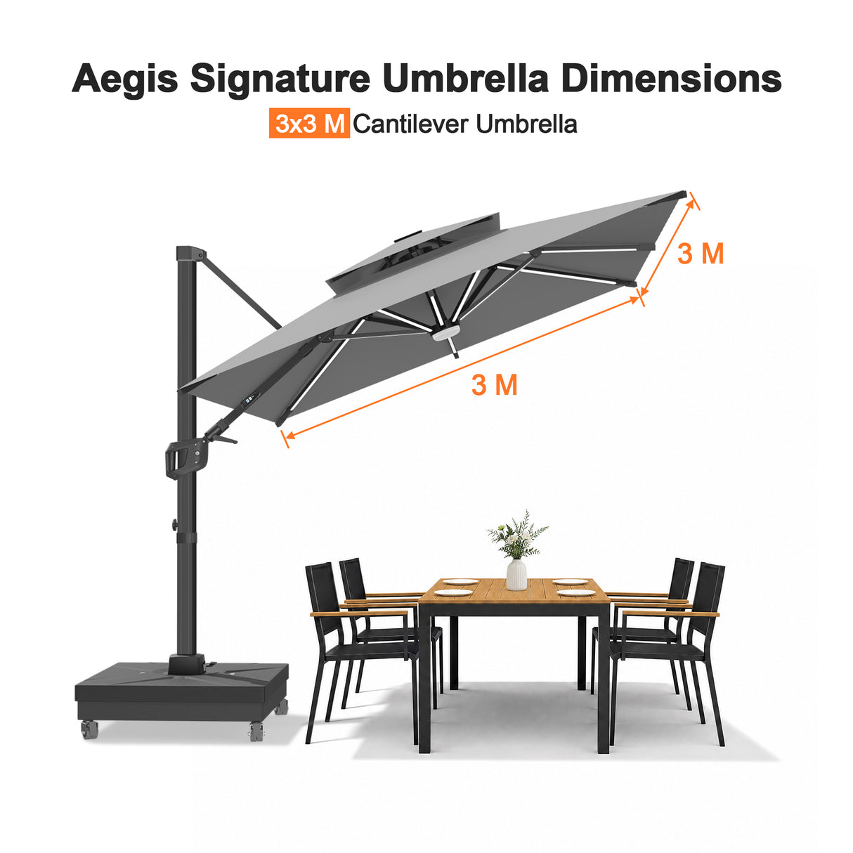 Patioslife Aegis Signature Series Rotating Cantilever Patio Umbrella with Adjustable Tilt for Garden & Poolside