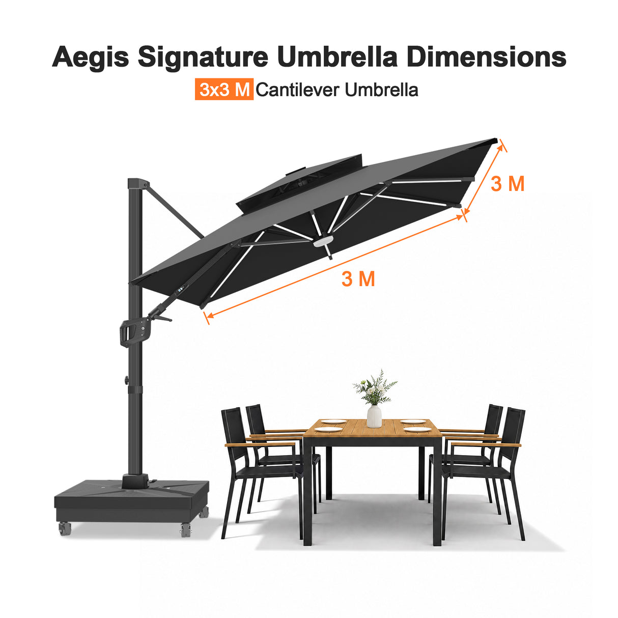 Patioslife Aegis Signature Series Rotating Cantilever Patio Umbrella with Adjustable Tilt for Garden & Poolside