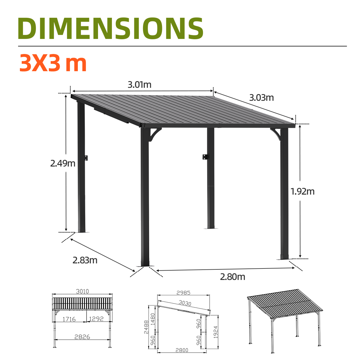 Patioslife Haven 3x3m wall-mounted hardtop gazebo dimension guide for garden, backyard and deck installation