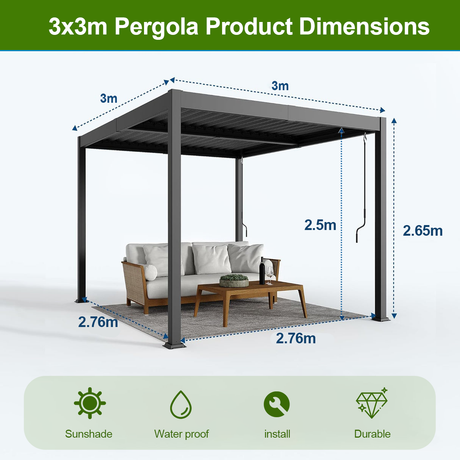 Patioslife Atlantic 3x3m pergola product dimensions with adjustable louvered roof, 2.65m height and durable outdoor shade structure