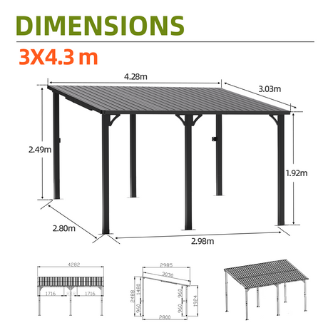 Patioslife Haven 3x4.3m wall-mounted hardtop gazebo dimension guide for backyard patio and deck shade