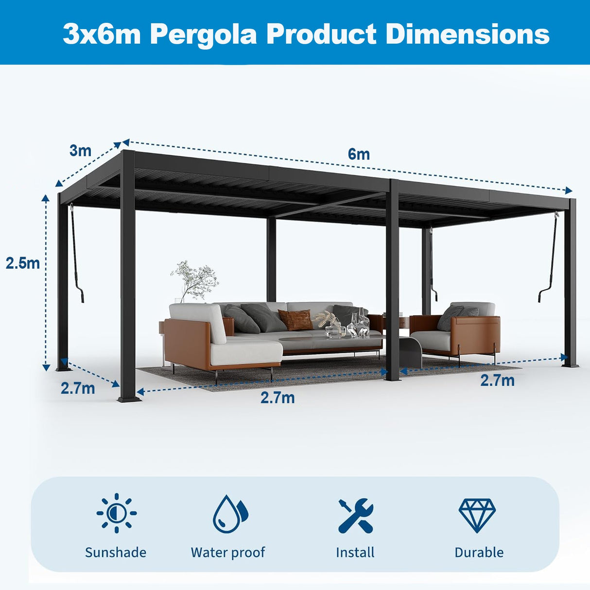 Patioslife Atlantic™ | 3 x 6m Contemporary Aluminium Louvered Pergola with Adjustable Louvers & LED Lighting, Stylish Outdoor Pavilion for Patio & Entertaining