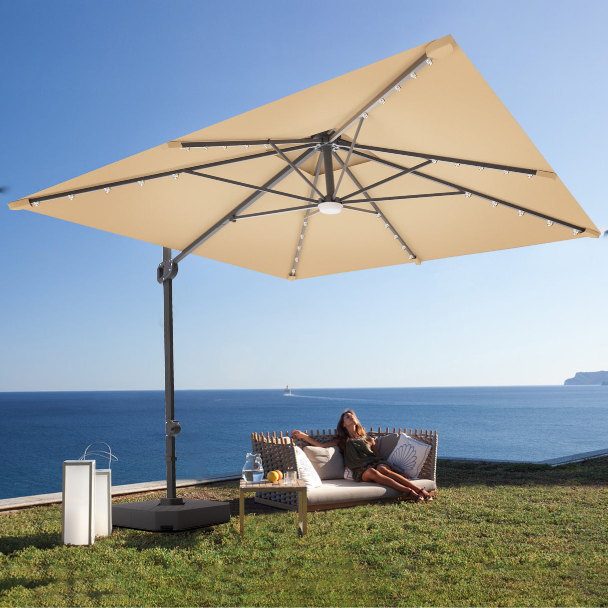 Patioslife Aegis Pro™ Cantilever Parasol with LED Lights, Fibreglass Ribs & Powder-Coated Aluminium Pole — Perfect for Garden & Patio