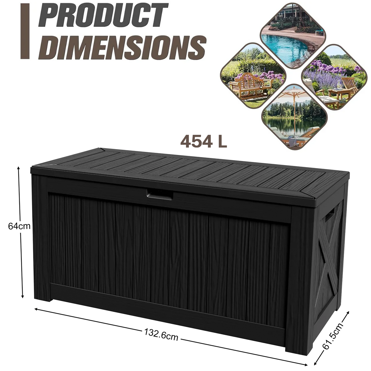 454L outdoor deck box dimensions with 132.6cm length, 61.5cm width and large resin storage for patio, garden tools and pool supplies