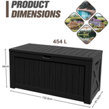 454L outdoor deck box dimensions with 132.6cm length, 61.5cm width and large resin storage for patio, garden tools and pool supplies