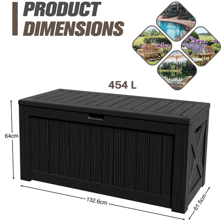 454L outdoor deck box dimensions with 132.6cm length, 61.5cm width and large resin storage for patio, garden tools and pool supplies