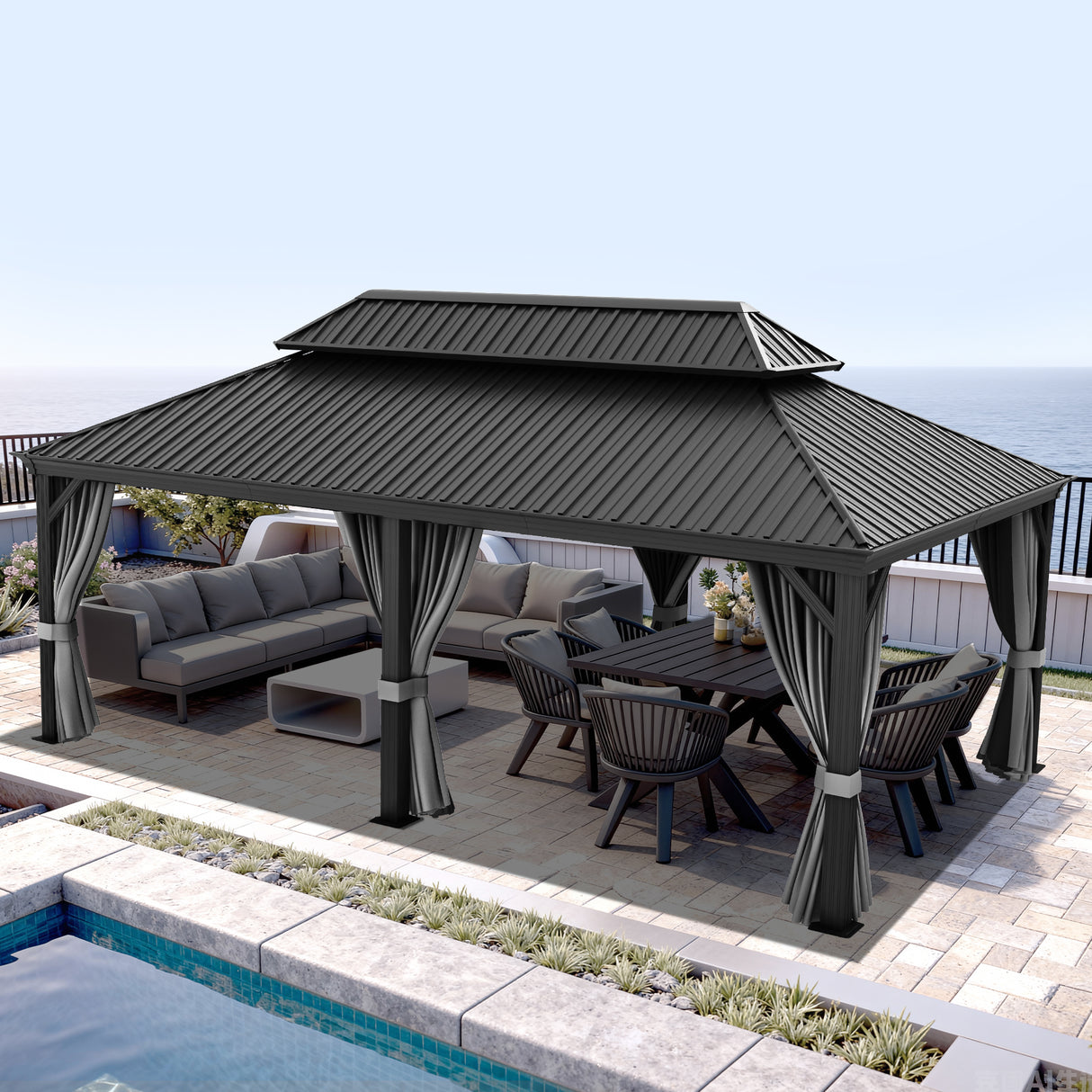 Patioslife Haven Hardtop Gazebo – Heavy-Duty Aluminium Frame, Double-Vented Roof & Curtains, Patio Pergola for Garden or Backyard