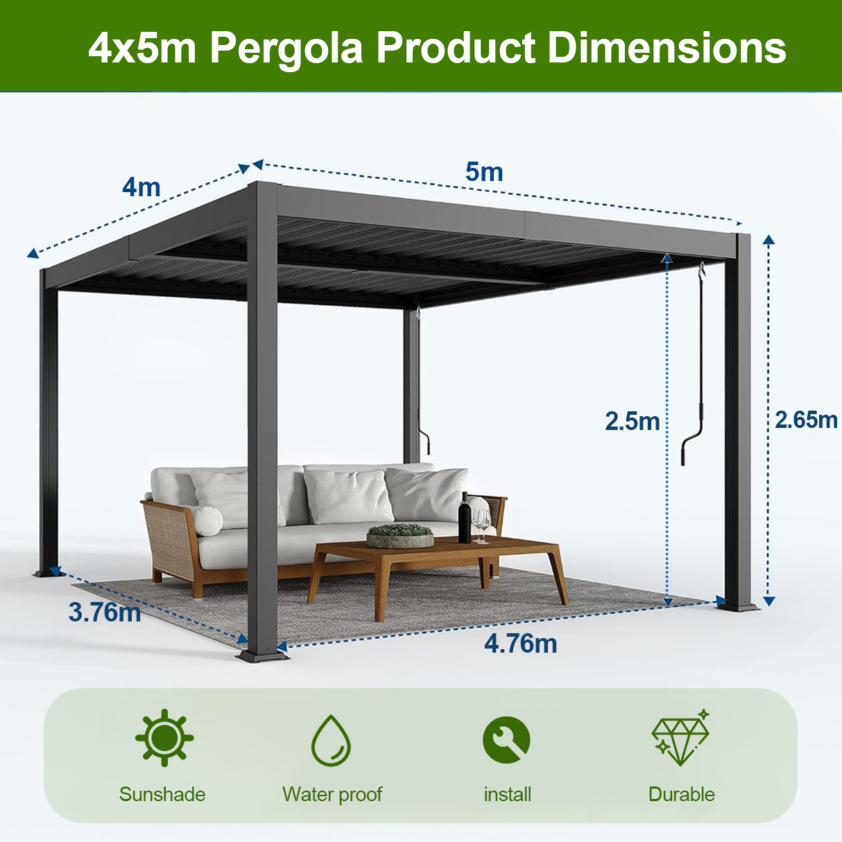 Patioslife Atlantic™，Louvered Pergola，Aluminium Frame，Adjustable Roof，Built-In LED Lights，Freestanding Design，All-Weather Shelter，Deck Pergola，Patio Pavilion，Poolside Shade，Outdoor Entertaining，Weatherproof，Sunshade & Rain Protection，Modern Outdoor Furniture，Luxury Patio Structure，Contemporary Design，Premium Outdoor Living,4*5m