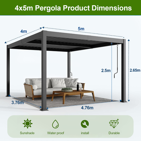Patioslife Atlantic™，Louvered Pergola，Aluminium Frame，Adjustable Roof，Built-In LED Lights，Freestanding Design，All-Weather Shelter，Deck Pergola，Patio Pavilion，Poolside Shade，Outdoor Entertaining，Weatherproof，Sunshade & Rain Protection，Modern Outdoor Furniture，Luxury Patio Structure，Contemporary Design，Premium Outdoor Living,4*5m