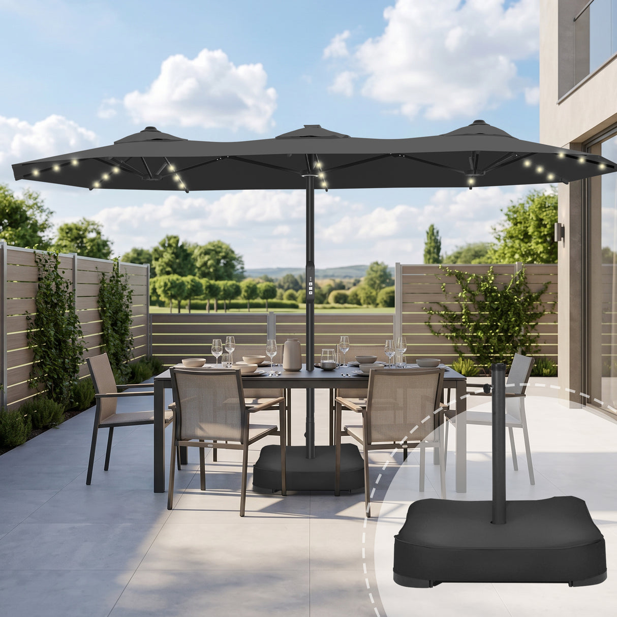 Patioslife Aegis Premium 2.7x4.6m Motorized Garden Parasol — Double-Sided, Remote Control, UPF 50+, Solar LED Lights & Windproof Frame