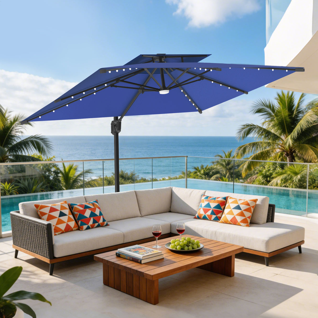 Patioslife Aegis Pro All-weather Cantilever Parasol with LED Lights, Reinforced & Powder-Coated Aluminium Ribs and Pole — Perfect for Garden & Patio