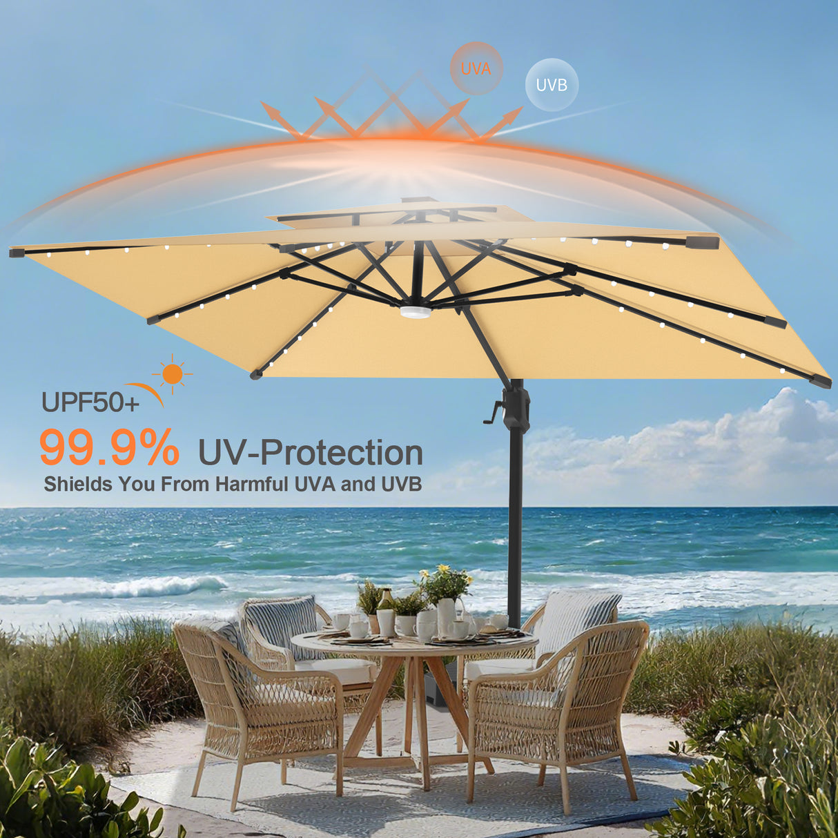 Patioslife Aegis Pro All-weather Cantilever Parasol with LED Lights, Reinforced & Powder-Coated Aluminium Ribs and Pole — Perfect for Garden & Patio