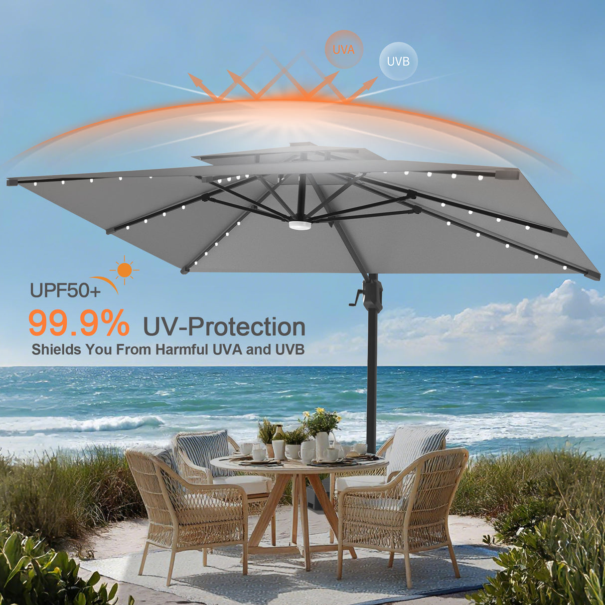 Patioslife Aegis Pro All-weather Cantilever Parasol with LED Lights, Reinforced & Powder-Coated Aluminium Ribs and Pole — Perfect for Garden & Patio