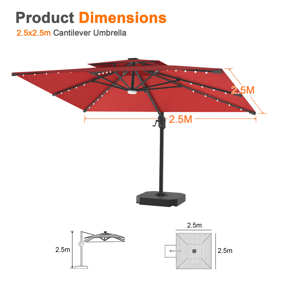 Patioslife Aegis Pro All-weather Cantilever Parasol with LED Lights, Reinforced & Powder-Coated Aluminium Ribs and Pole — Perfect for Garden & Patio