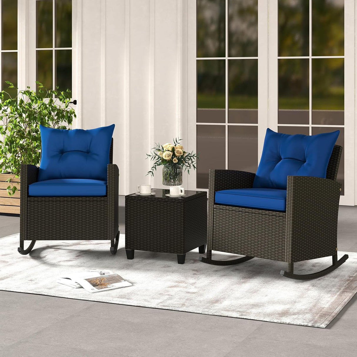 3-Piece Outdoor Wicker Rocking Chair Set – Patio Furniture with Soft Cushions & Glass Coffee Table – Rattan Bistro Set for Porch, Balcony, Garden, or Poolside