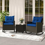 3-Piece Outdoor Wicker Rocking Chair Set – Patio Furniture with Soft Cushions & Glass Coffee Table – Rattan Bistro Set for Porch, Balcony, Garden, or Poolside